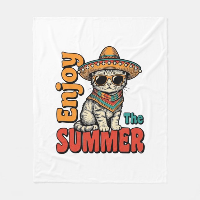 Rolig sommar katt sombrero vintage gravyr design fleecefilt (Framsidan)