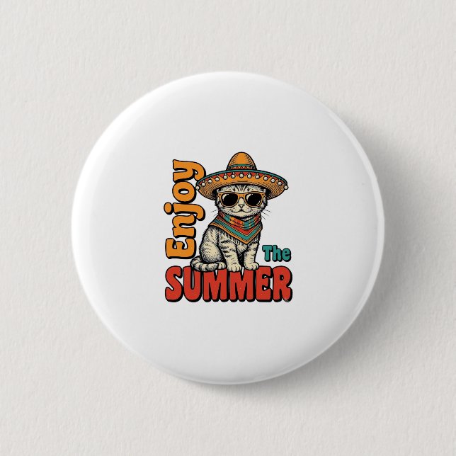 Rolig sommar katt sombrero vintage gravyr design knapp (Framsida)