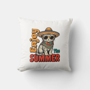 Rolig sommar katt sombrero vintage gravyr design kudde