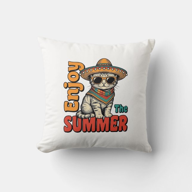 Rolig sommar katt sombrero vintage gravyr design kudde (Framsida)