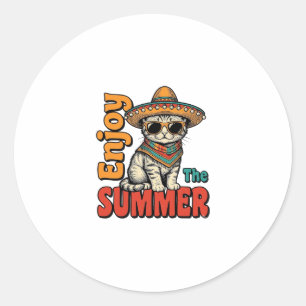 Rolig sommar katt sombrero vintage gravyr design runt klistermärke
