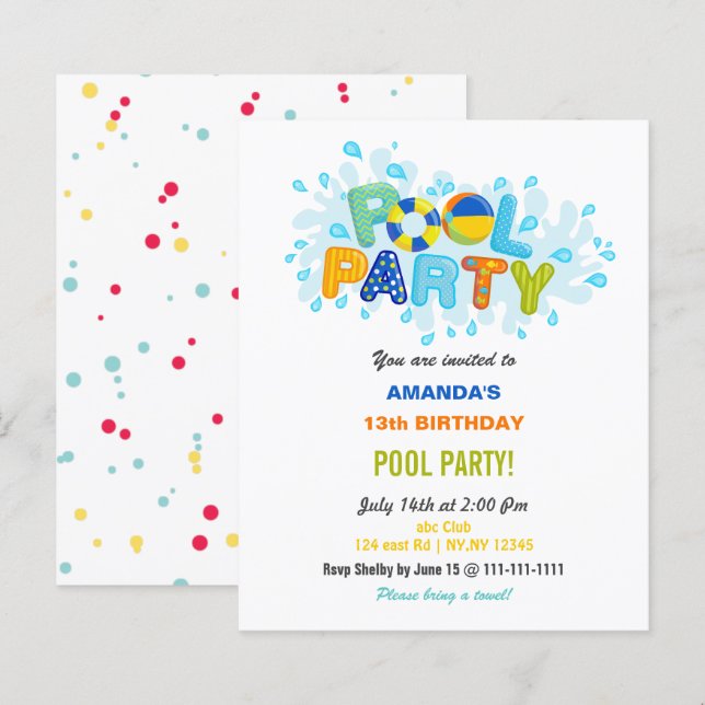 Rolig sommar poolparty födelsedagsfest (Fram/baksida)