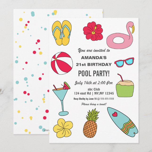 Rolig sommar poolparty födelsedagsfest  inbjudningar (Fram/baksida)