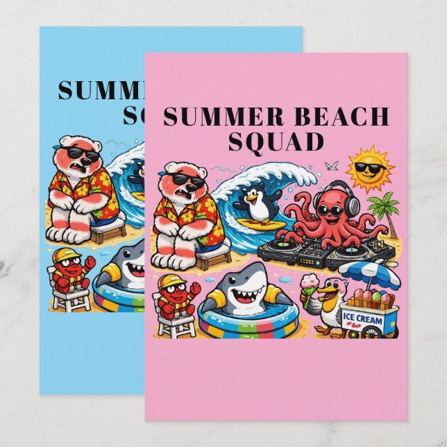 Rolig sommarstrandfest för djur - DJ Bläckfisk & S Inbjudningar (Fram/baksida)