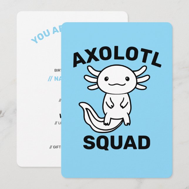 Rolig söt Axolotl-styrka anpassningsbar blå Inbjudningar (Fram/baksida)