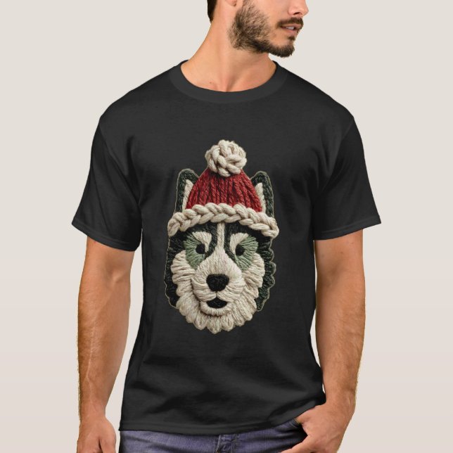 Rolig Söt Jul Husky Hund med Tomte Hatt Vinter T Shirt (Framsida)