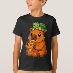 Rolig söt Kapybara som äter Pizza med Turtle Anime T Shirt