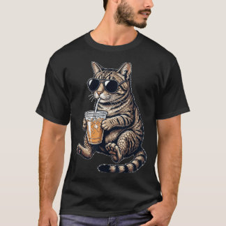 Rolig söt katt dricker iskaffe coola djur t shirt