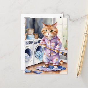 Rolig söt katt i pyjamas som gör tvätt vykort