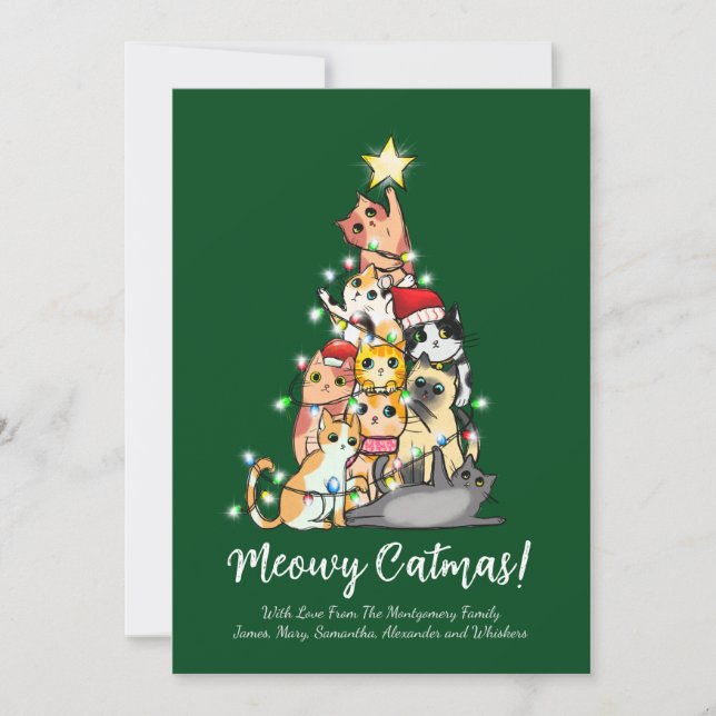 Rolig söt Meowy Catmas katt julgran Julkort (Framsida)