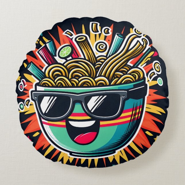 Rolig Söt Nudel Tecknad Ramen Skål Rund Kudde (Framsidan)