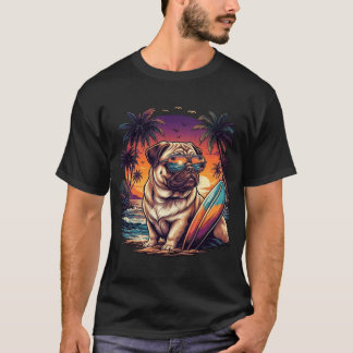 Rolig söt pug färgglad surfing valp sommar strand t shirt