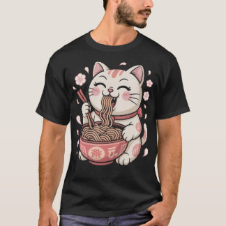 Rolig Söt Ramen Katt Körsbärsblom Japan Anime T Shirt