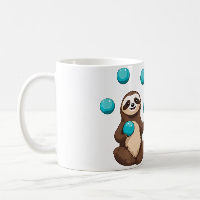 Rolig söt sengångare jonglerar cirkusbollar jongle kaffemugg (Vänster)