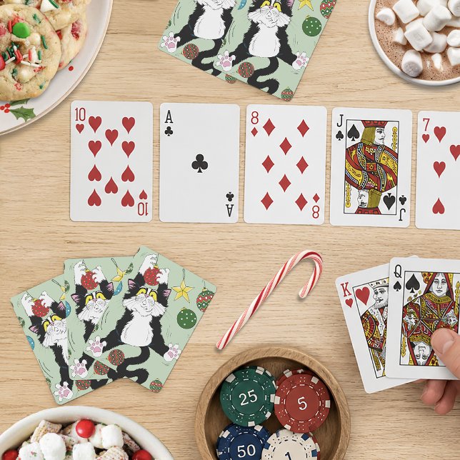 Rolig söt svart vit smoking katt högtid grön casinokort (Skapare uppladdad)