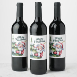 Rolig söt tomte med träd och typografi vinflaska etikett