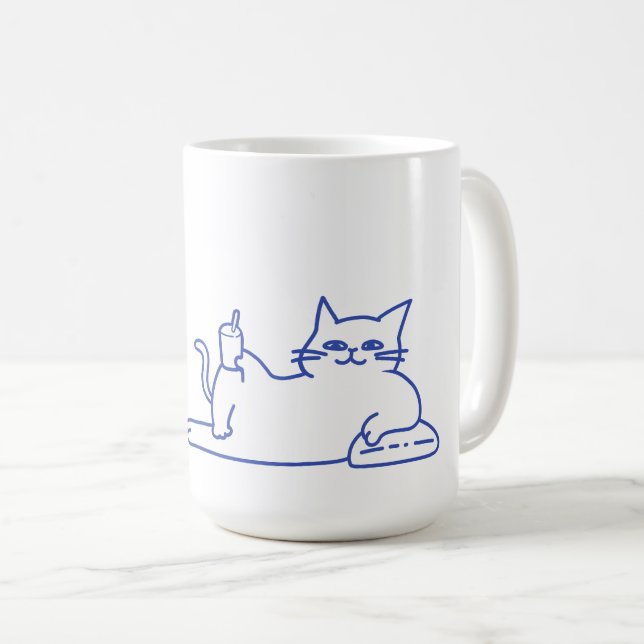 Rolig Söt Vit Katt Doodle Karaktär Kaffemugg (Framsida höger)