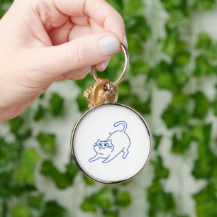 Rolig Söt Vit Katt Doodle Karaktär Rund Silverfärgad Nyckelring