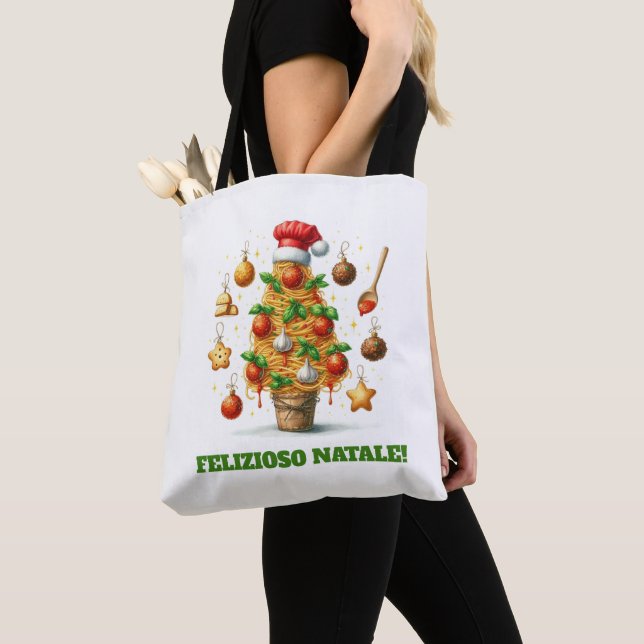 Rolig Spaghetti Julgran Delizioso Natale! Tygkasse (Närbild)