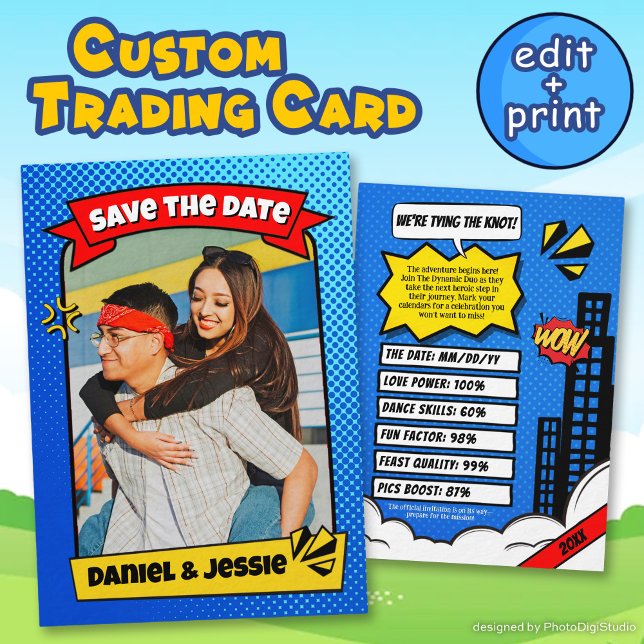 Rolig Spara datum-kort Serieteckning Par-handelsko (Fun Save the Date Card Comic Couple Trading Card)