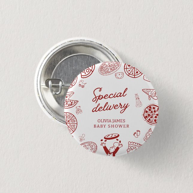 Rolig speciell leverans pizza baby shower knapp (Framsida & baksida)