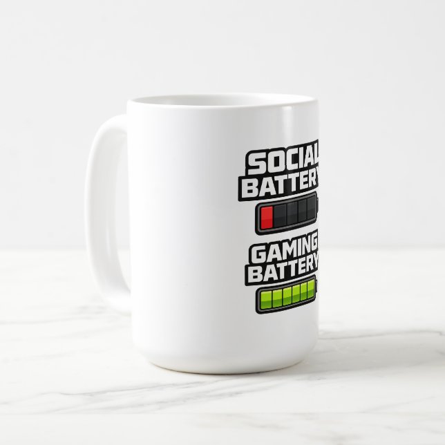 Rolig spelar batterinivå speldesign kaffemugg (Framsida vänster)