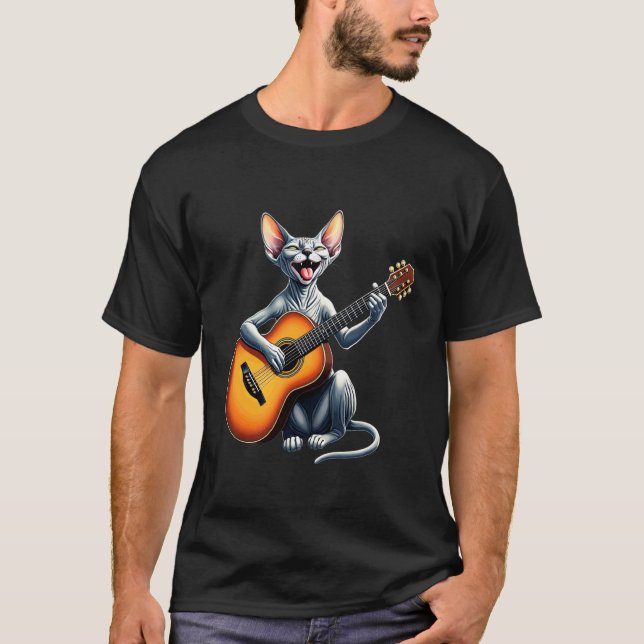 Rolig Sphynx Katt som Spelar Gitarr Design för Mus T Shirt (Framsida)