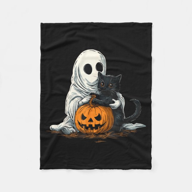 Rolig spök med svart katt och Jack O Lantern Fleecefilt (Framsidan)