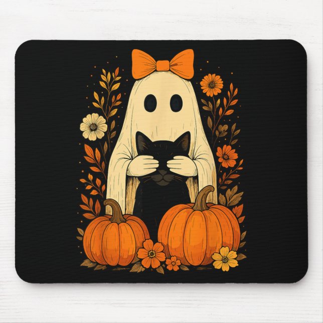 Rolig spökbåge som håller svart katt Fall Hallowee Musmatta (Framsidan)