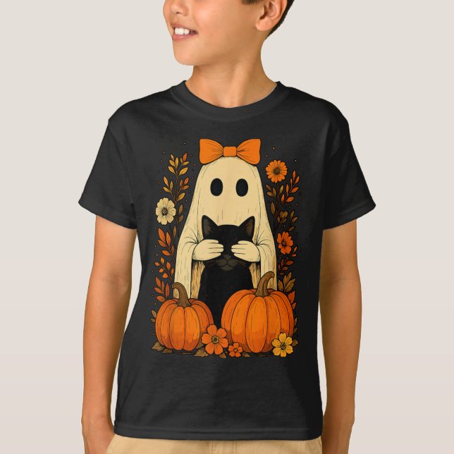 Rolig spökbåge som håller svart katt Fall Hallowee T Shirt (Framsida)