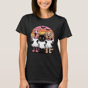 Rolig spökkatts- och hundhalloween retro solnedgån t shirt