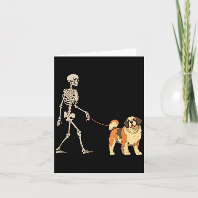 Rolig St Bernard Skelett Hund Går Halloween Kort (Framsida)