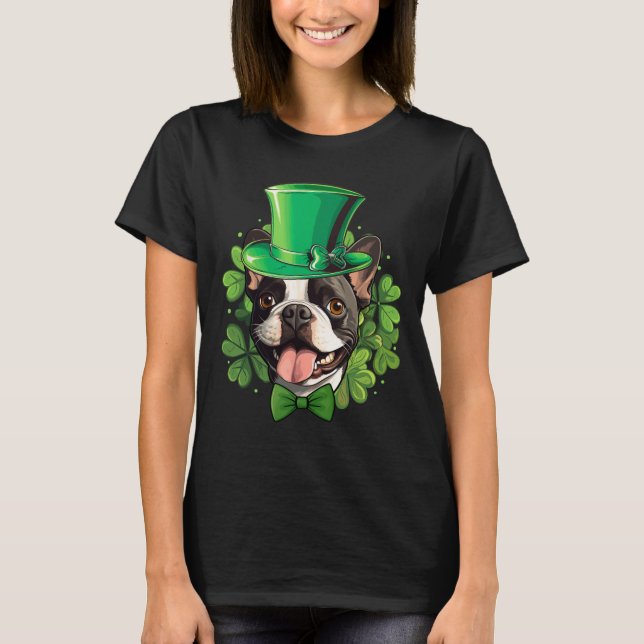 Rolig St Patricks Boston Terrier  T Shirt (Framsida)