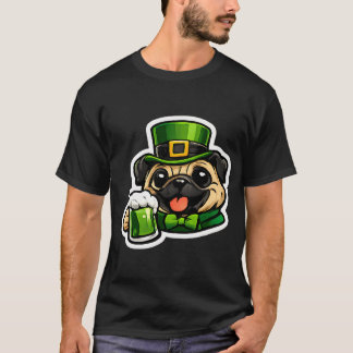 Rolig St Patricks Day Mops Dricker Grönt Öl Leprec T Shirt