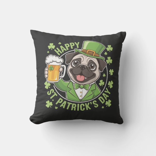 Rolig St. Patrick's Day Mops med Ölmugg Kudde (Framsida)