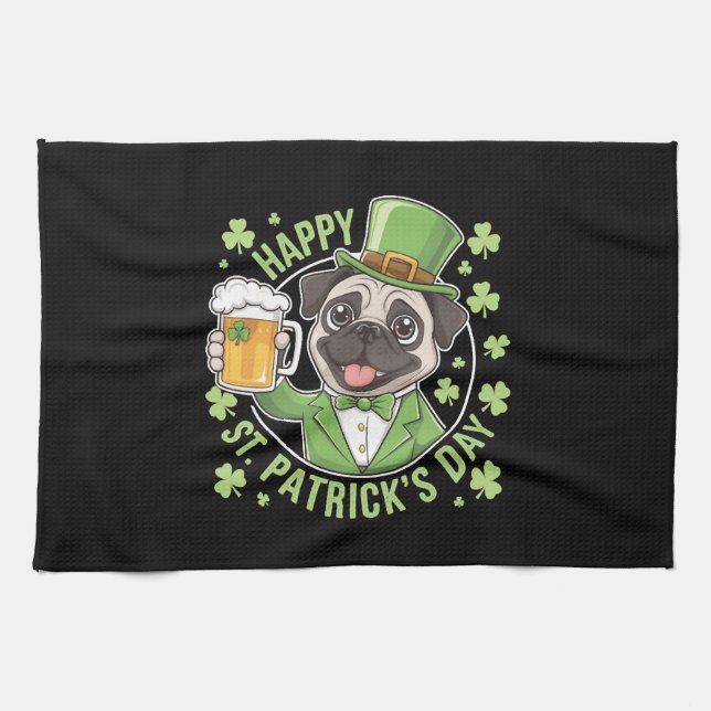 Rolig St. Patrick's Day Pug med ölsejdare Kökshandduk (Horisontell)