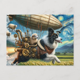 Rolig Steampunk Border Collie Med Får och Luftskep Vykort