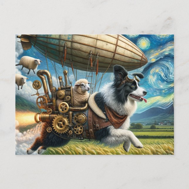 Rolig Steampunk Border Collie Med Får och Luftskep Vykort (Framsida)