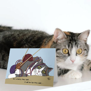 Rolig Stickande Katt Trasslig Garn Hobby Humor Kort