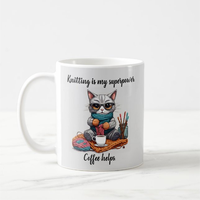 Rolig Stickningsmugg Superkraft Katt Kaffemugg (Vänster)
