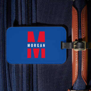 Rolig Stilfull Monogram Namn Initial Blå Vit Röd Bagagebricka