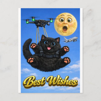 Rolig Stor Svart Katt Drönare Flygning Bästa Önskn Vykort