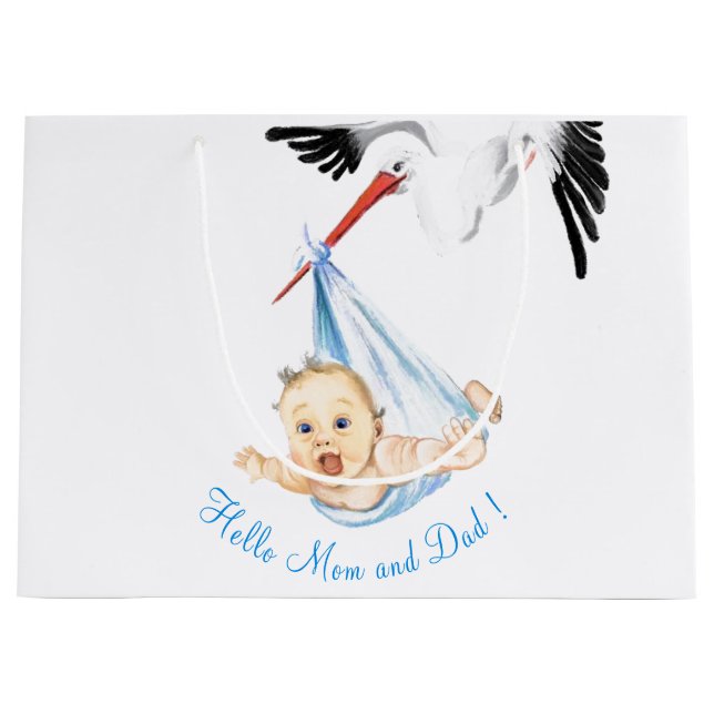 Rolig Stork som bär Babypresentpåse - Anpassad tex (Framsidan)