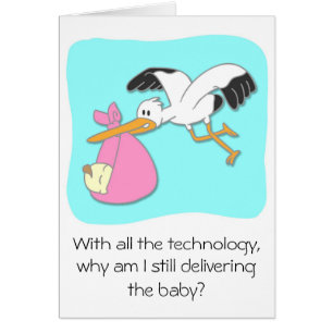 Rolig stork som bär bebis tecknad film hälsningskort