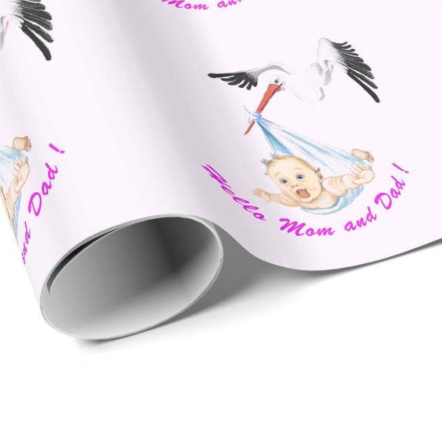 Rolig Stork som bär på Bebis Babyshower Presentpap Presentpapper (Rullad Hörn)