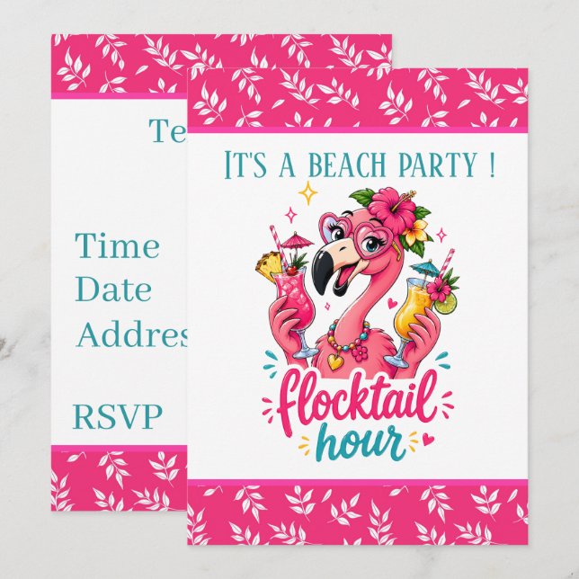 Rolig strand rosa flamingo Flocktail-fest  Inbjudningar (Fram/baksida)