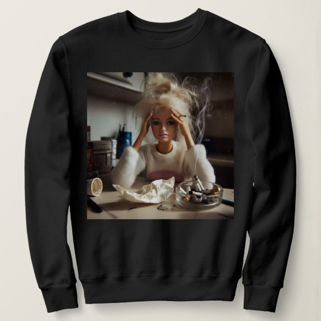 Rolig Stressad Docka Ansikte Meme Rökande Sarksati T Shirt (Design framsida)