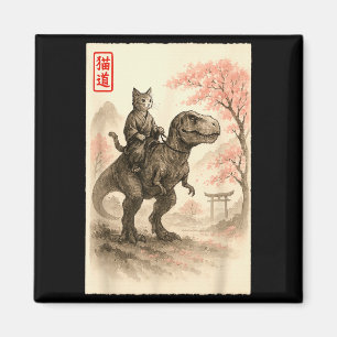 Rolig Sumi-e Kawaii Katt Ridande Dinosaur Japansk  Magnet