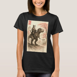 Rolig Sumi-e Kawaii Katt Ridande Dinosaur Japansk T Shirt