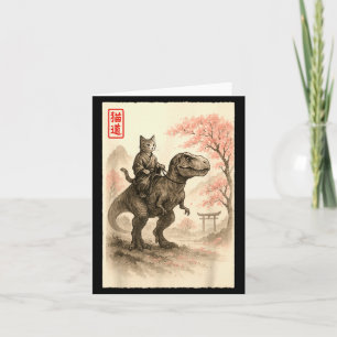 Rolig Sumi-e Kawaii Katt Ridning Dinosaur Japansk Kort